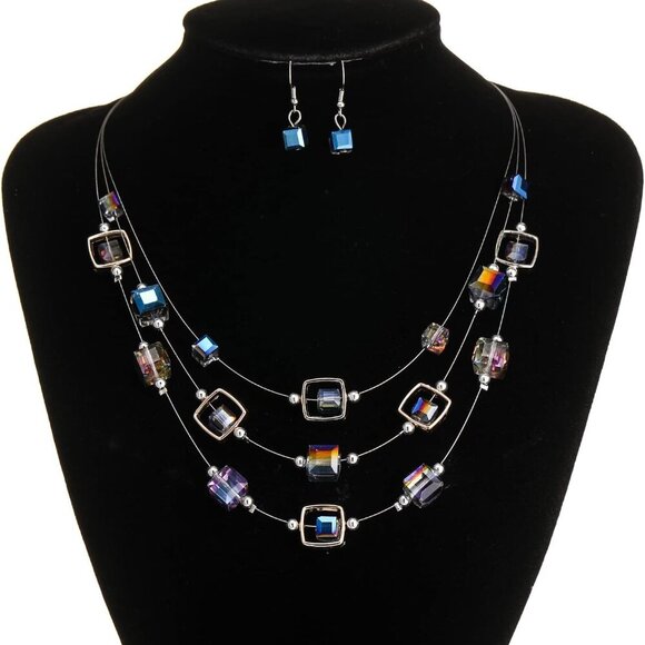 Layered Silver Beaded Necklace for Women Square Crystal Beads Statement Collar N - Picture 4 of 6